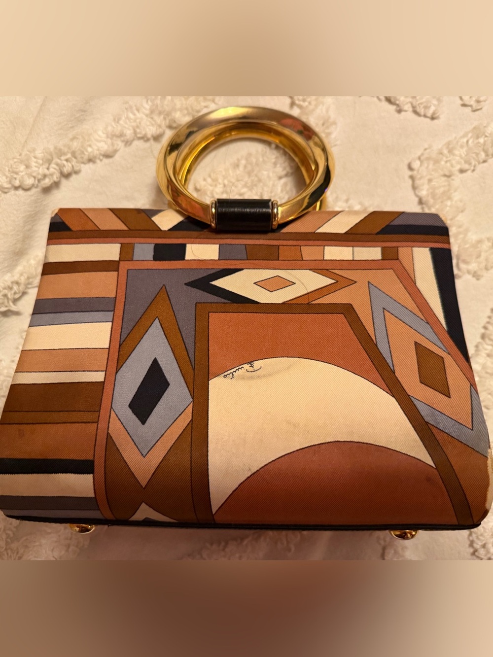 Emilio Pucci Geometric Print Clutch in Brown, Cream & Blue with Gold Ring Handle